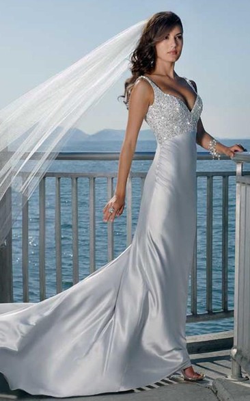 Long-Train Satin Spaghetti Column Bridal Woven Dress