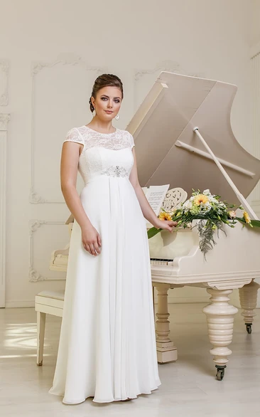 Cap-Sleeve Jewel Chiffon Pleatings Long A-Line Lace-Up-Back Dress