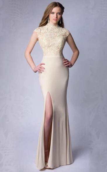 Sheath High Neck Cap-Sleeve Floor-length Jersey Formal Dress with Illusion and Split Front