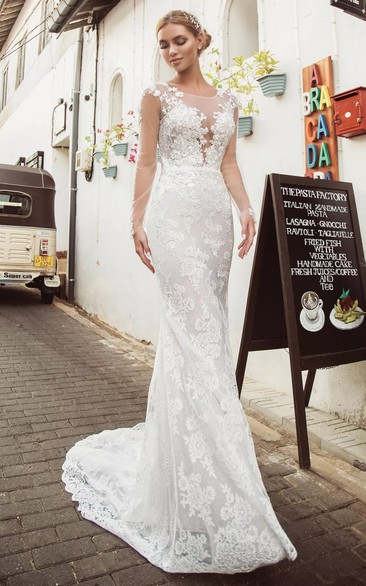 Modern A Line Lace Floor-length Long Sleeve Illusion Bateau Wedding Dress 