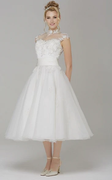 High Neck Cap-sleeve A-line Tulle Tea-length Wedding Dress With Appliques