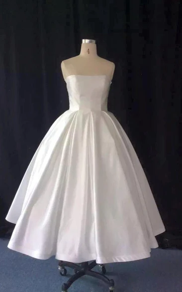 Strapless Tea-Length A-Line Taffeta Wedding Dress With Full Skirt