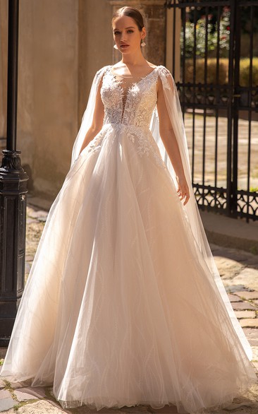 A Line Elegant Tulle Plunging Neckline Wedding Dress with Appliques and Beading