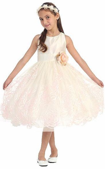 Layered Embroidery 3-4-Length Floral Flower Girl Dress