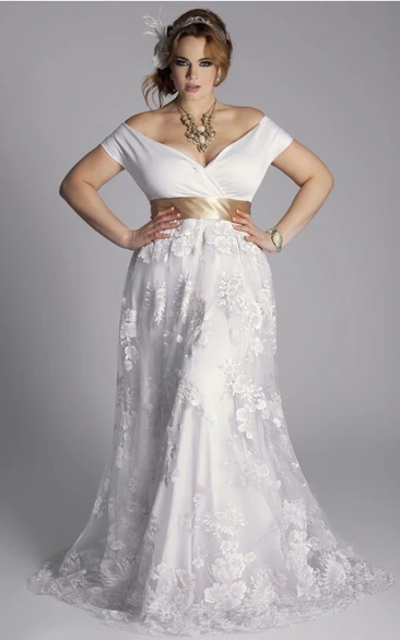 Off-the-shoulder Jersey Lace Cap Short Sleeve Wedding Dress