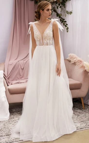 Plunged Empire Tulle A-line Lace Top Sassy Wedding Dress with Bows