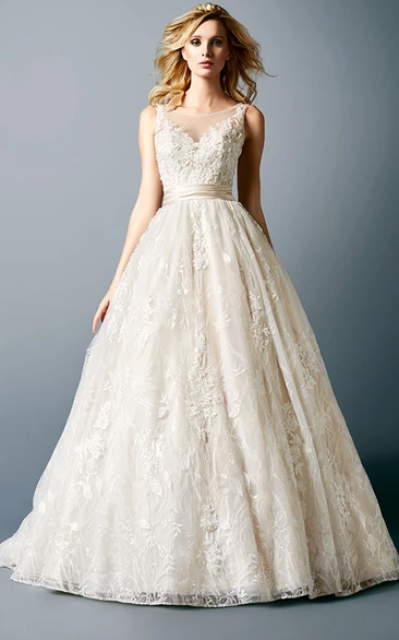 A-line Scoop Sleeveless Floor-length Lace Wedding Dress with Illusion and Appliques