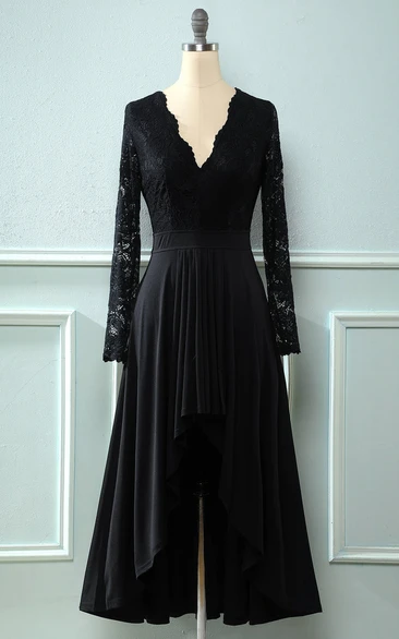 Black Lace Long Sleeves V Neck Hi-Low Mother of the Bride Dress with Keyhole