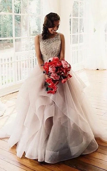 Sleeveless Tulle Ruffle Beadeded Gorgeous Wedding Dress