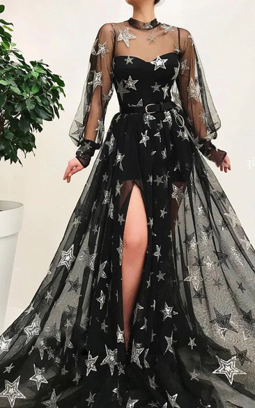 Illusion Puff-long-sleeve Jewel-neck Black Front Split Evening Dress