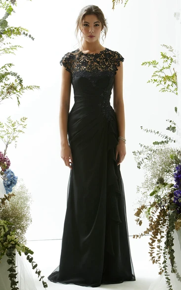 Sheath Jewel Cap-Sleeve Floor-length Chiffon Mother Of The Bride Dress with Illusion and Draping