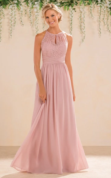 Jewel-Neck Sleeveless Chiffon long Bridesmaid Dress With Lace top