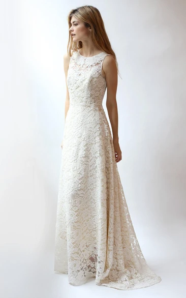 Lace Scoop-neck Sleeveless Wedding Dress With Deep-V Back