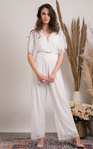 Modern boho Plunging Neck Empire Lace Bridal Jumpsuit