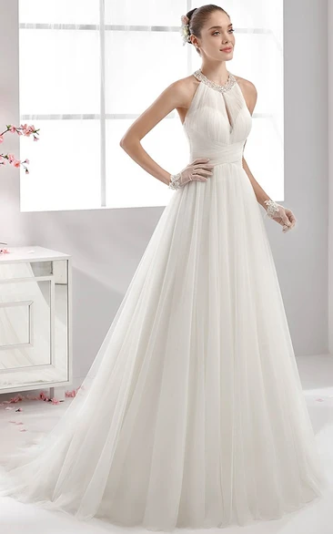 A Line High Neck Sleeveless Floor-length Tulle Wedding Dress with Ruching