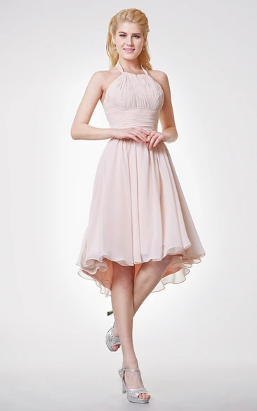 Haltered Chiffon High-low Knee-length  Bridesmaid Dress With Ruching