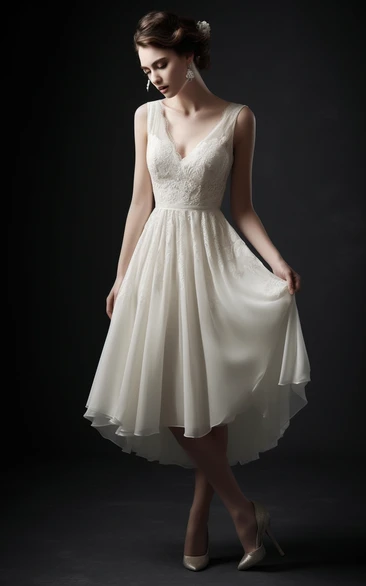 Tea-length High-low V-neck Sleeveless Lace Pleated Wedding Dress