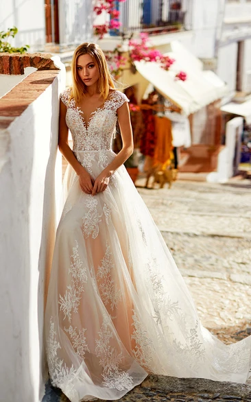 Cap Lace Tulle V-neck Ethereal Wedding Dress