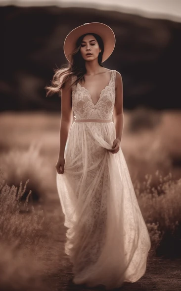 V-neck Sleeveless Lace Tulle Flowy Boho Country Empire Wedding Dress