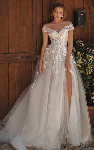 Sexy A Line Brush Train Floor-Length Off-the-shoulder Wedding Dress With Appliques