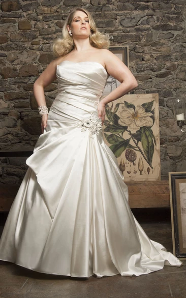 Strapless Satin A-line Pick Up Ball Gown With Flower And Corset Back