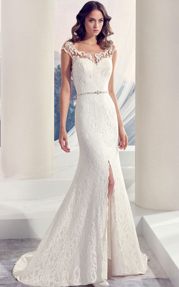 Scoop-neck Cap-sleeve Sheath Lace Wedding Dress With Split Front And Beading