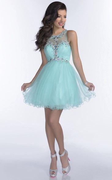 Scoop Sleeveless A-line Tulle short Dress With Beading And Ruffles