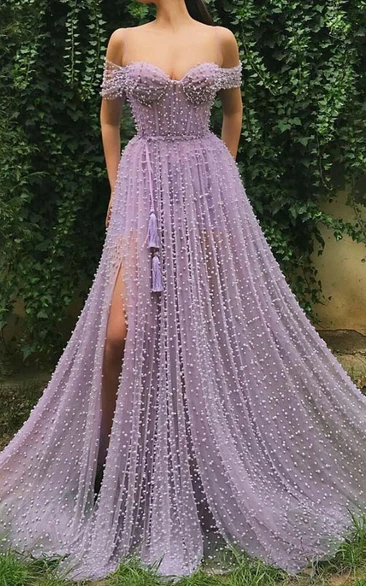 Spaghetti Sweetheart A-line Front Split Lilac Formal Evening Dress with Crystal Detailings