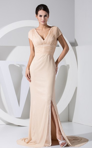 Short-Sleeve V-Neck Sheath Dress With Front-Split Style
