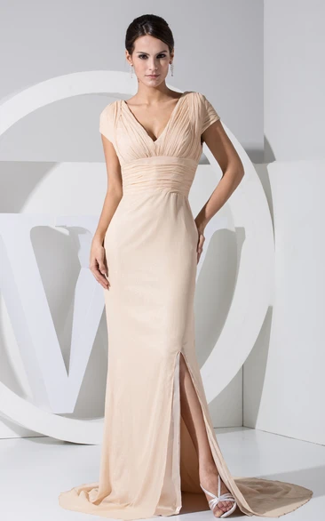 Short-Sleeve V-Neck Sheath Dress With Front-Split Style