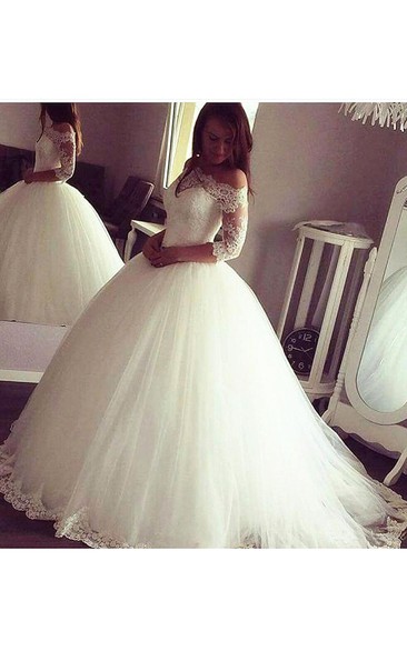 Off-the-shoulder Lace Tulle Illusion 3/4 Length Sleeve Wedding Dress