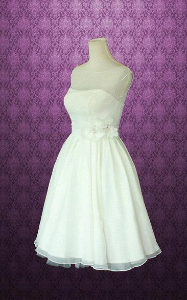 Jewel Sleeveless Knee-Length Chiffon Wedding Dress With Sash And Flower