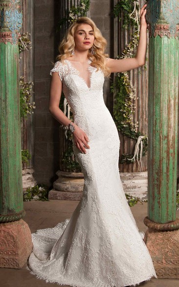 Lace Cap-sleeve Plunged Sheath Wedding Dress With Illusion And Sweep Train