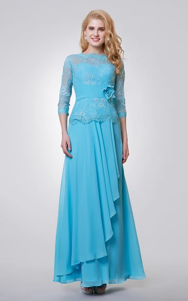 Lace Side Draping Long 3-4-Length-Sleeve Gown