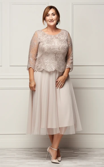 Scoop-neck 3-4-sleeve Champagne Chiffon Mother of Bride Dress with Lace Top