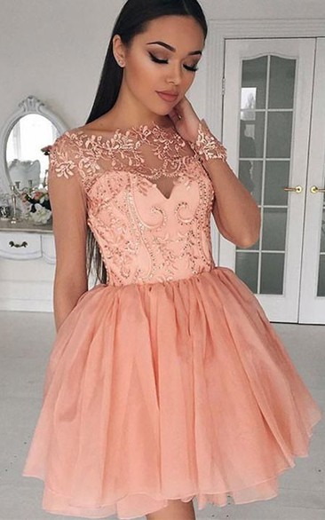 Jewel Tulle Lace Long Sleeve Short Homecoming Dress with Appliques and Ruffles