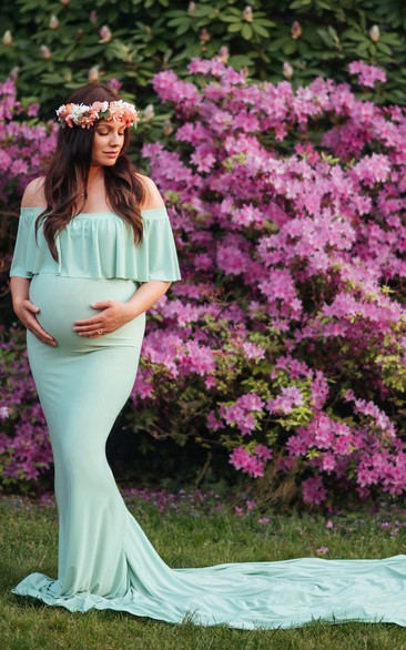 Off-the-shoulder Half Sleeve Pleated Ruched Ruffled Maternity Dress