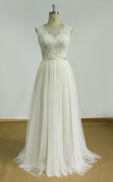 V-neck Sleeveless Tulle A-line Wedding Dress With Lace And Sweep Train