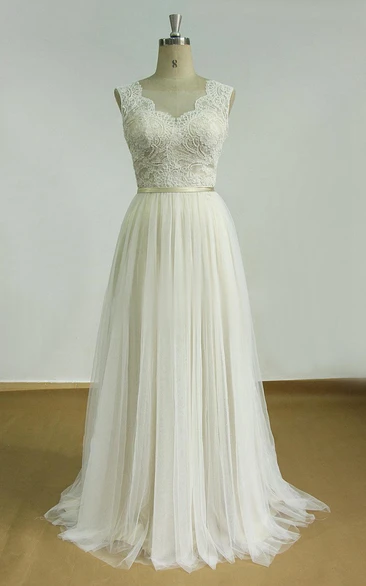V-neck Sleeveless Tulle A-line Wedding Dress With Lace And Sweep Train