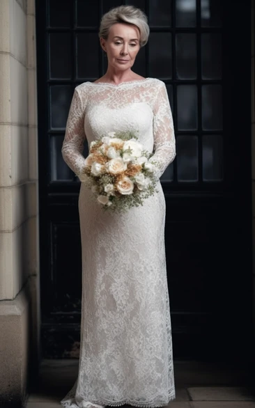 Long Sleeve Bateau-neck Modest Sheath Lace Older Brides Wedding Dress