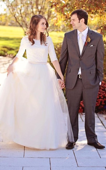 Jewel Lace Tulle Illusion Half Sleeve Wedding Dress