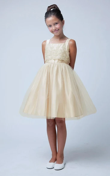 Sleeveless Lace Tulle Knee-length Flower Girl Dress 