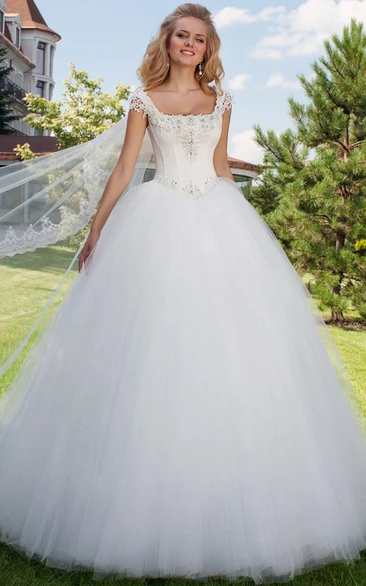 square-neck Cap-sleeve Tulle Ball Gown With Beading And Corset Back