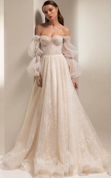 Sweetheart Empire Tulle Illusion Puff-sleeve Ball Gown A-line Wedding Dress with Corset Back