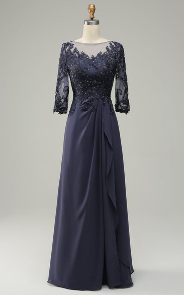 Dark Blue 3/4 Length Sleeves Ruffle Empire Waist Floor Length Mother of the Bride/Groom Dress with Appliques