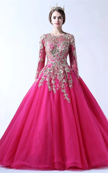 Ball Gown Floor-length Jewel T-shirt Long Sleeve Tulle Dress with Appliques