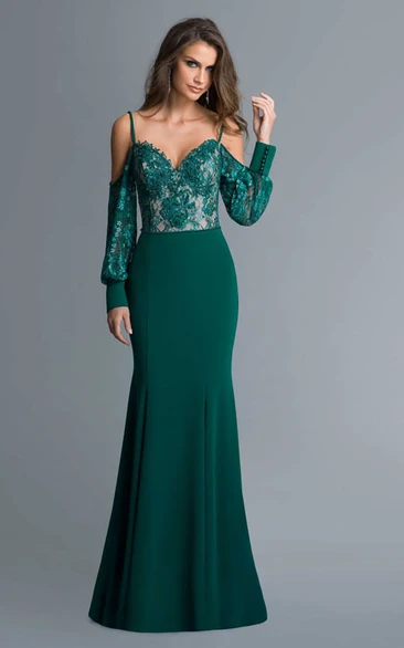 Sheath Spaghetti Long Sleeve Sweep Train Jersey/Lace Prom Dress with Open Back and Appliques