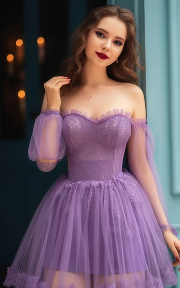 Off-the-shoulder Ethereal Lilac Short Tulle Puff Prom Dress