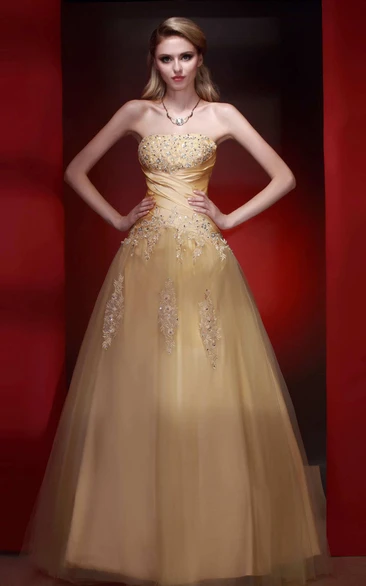A-line Floor-length Strapless Tulle Dress with Appliques