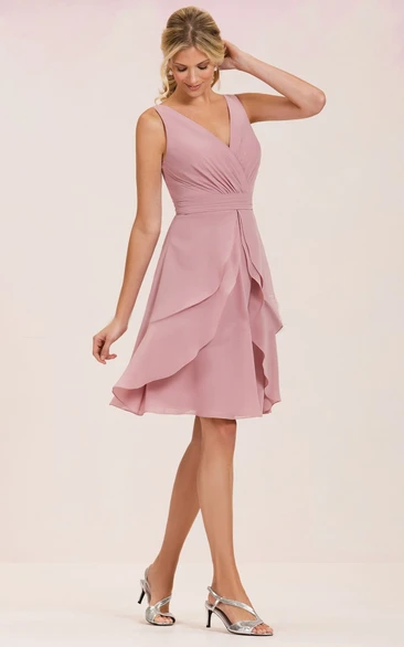 V-neck Sleeveless Chiffon short Dress With Tiers And Low-V Back 